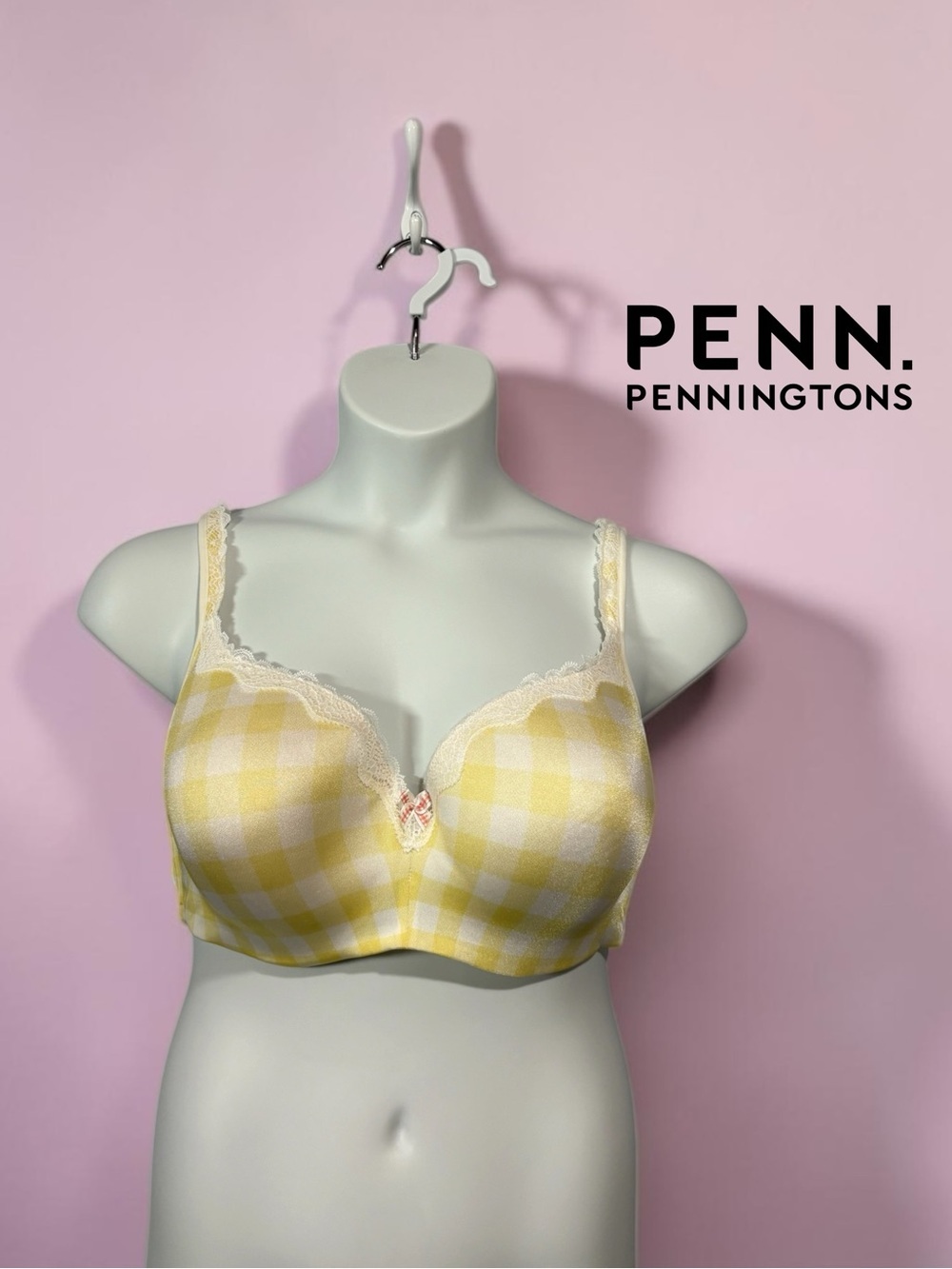 NEW, Deesse Penningtons, Bra 40DDD/E Plus Size, Yellow Gingham Underwire Lace